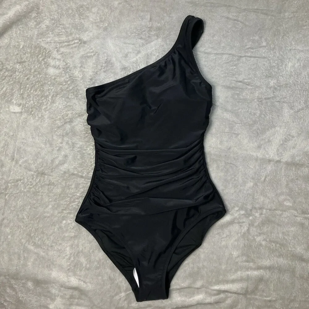 J Crew XS One-Shoulder Ruched One Piece Swimsuit Black High-cut‎ Full Coverage